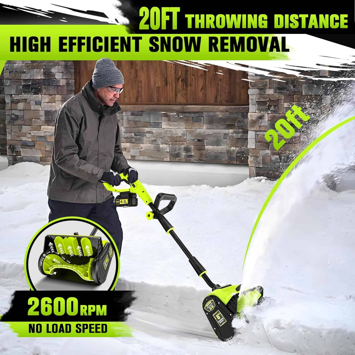 40V Cordless Snow Shovel, 13 Inch 4.0Ah Electric Snow Shovel